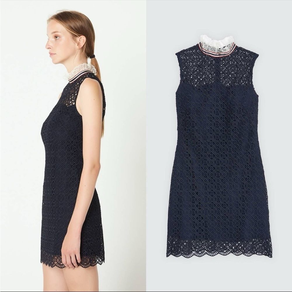 Sandro Dovera Navy Lace Eyelet Mini Dress Blue Size 38/6 Sleeveless